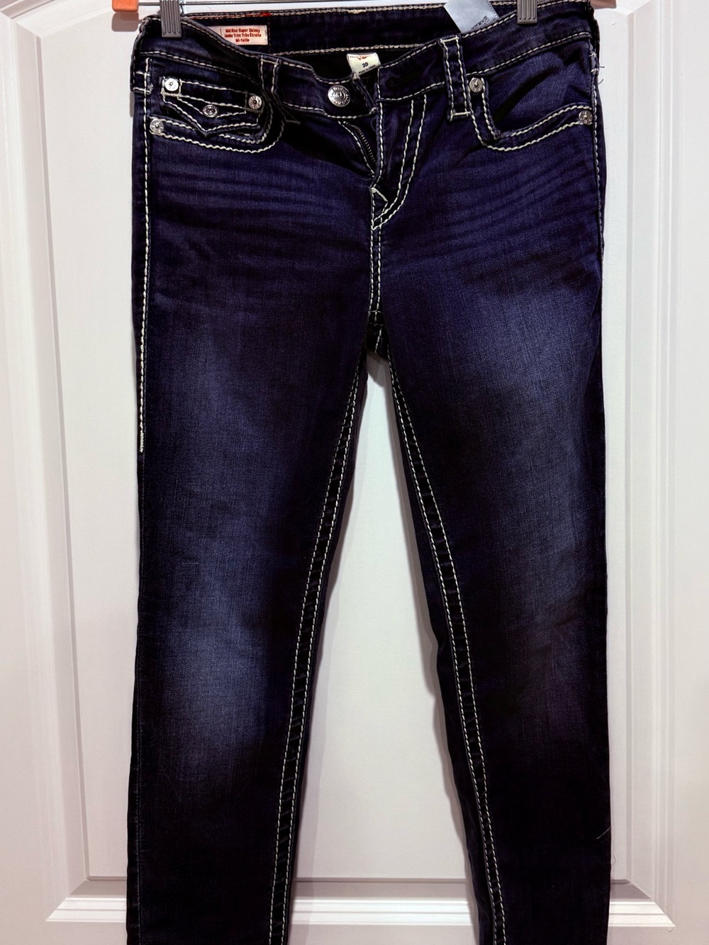 True Religion Skinny Jeans in Dark Indigo with White Contrast Stitching